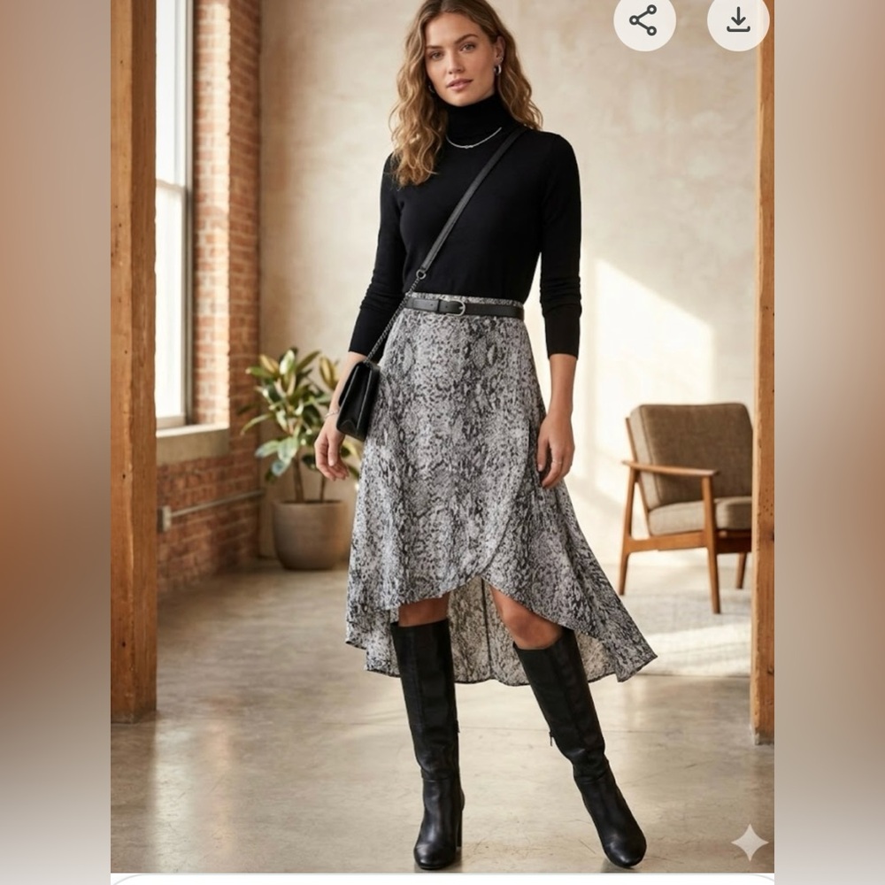 Saks Fifth Avenue Black and Gray Snake-Print High-Low Midi Skirt